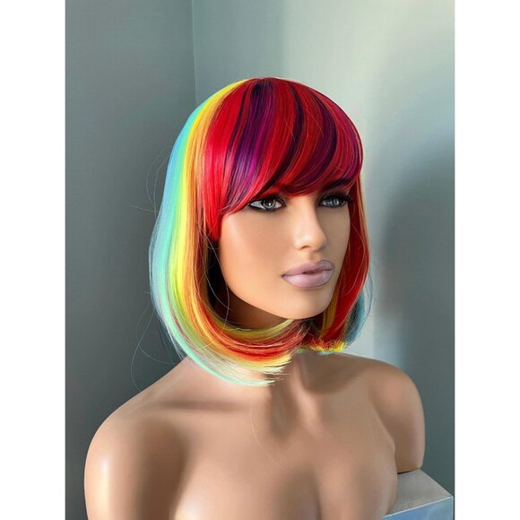 Rainbow Wig Short Wig Bright Colourful Clown Wig with Bangs 10 inch Bob Wig - Picture 2 of 9